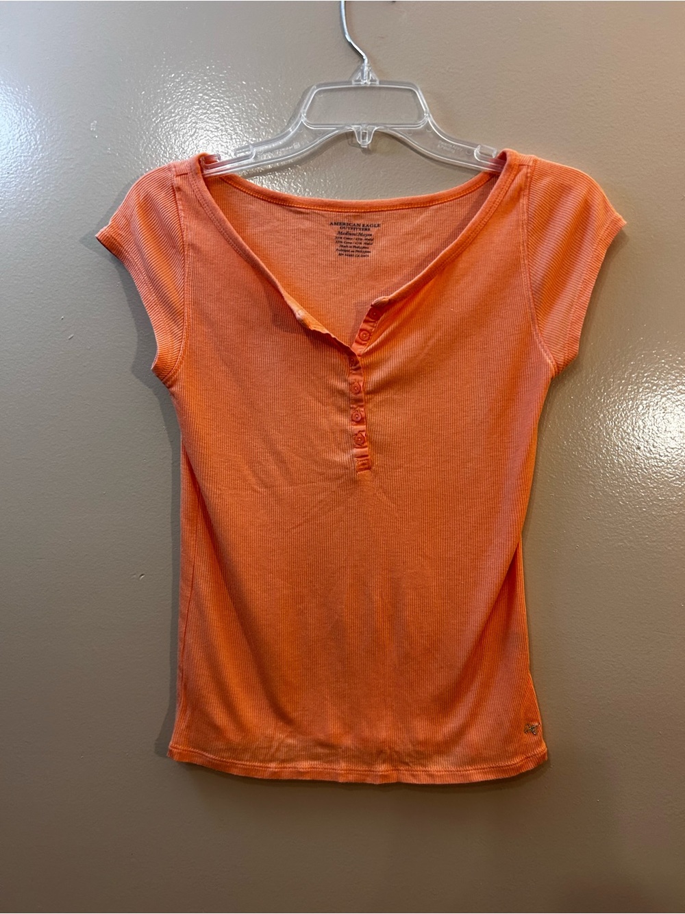 American Eagle Outfitters Orange Ribbed Henley Cap-Sleeve Top
